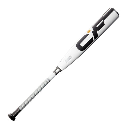 Baseball bat in white with black grip end and DeMarini CF logo on barrel