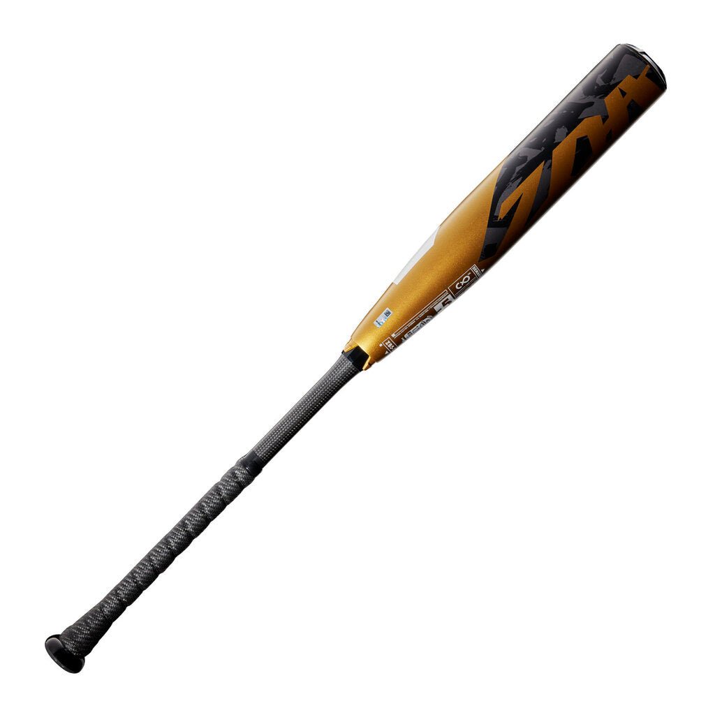 Gold and black -5 baseball bat with textured grip and barrel graphics near the handle