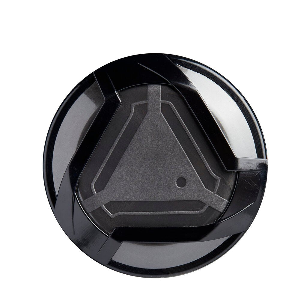 Black and gray barrel end cap with molded pattern and small center hole