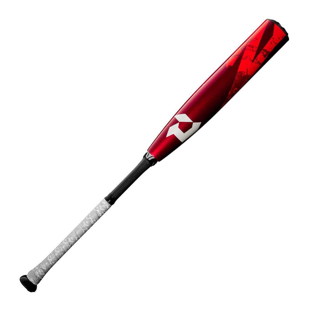Red baseball bat with black handle and printed logo on the barrel