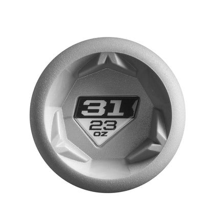 Silver baseball bat end cap with 31 and 23 OZ markings