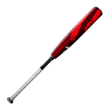 Red baseball bat barrel with logo text and black grip wrap, diagonal view