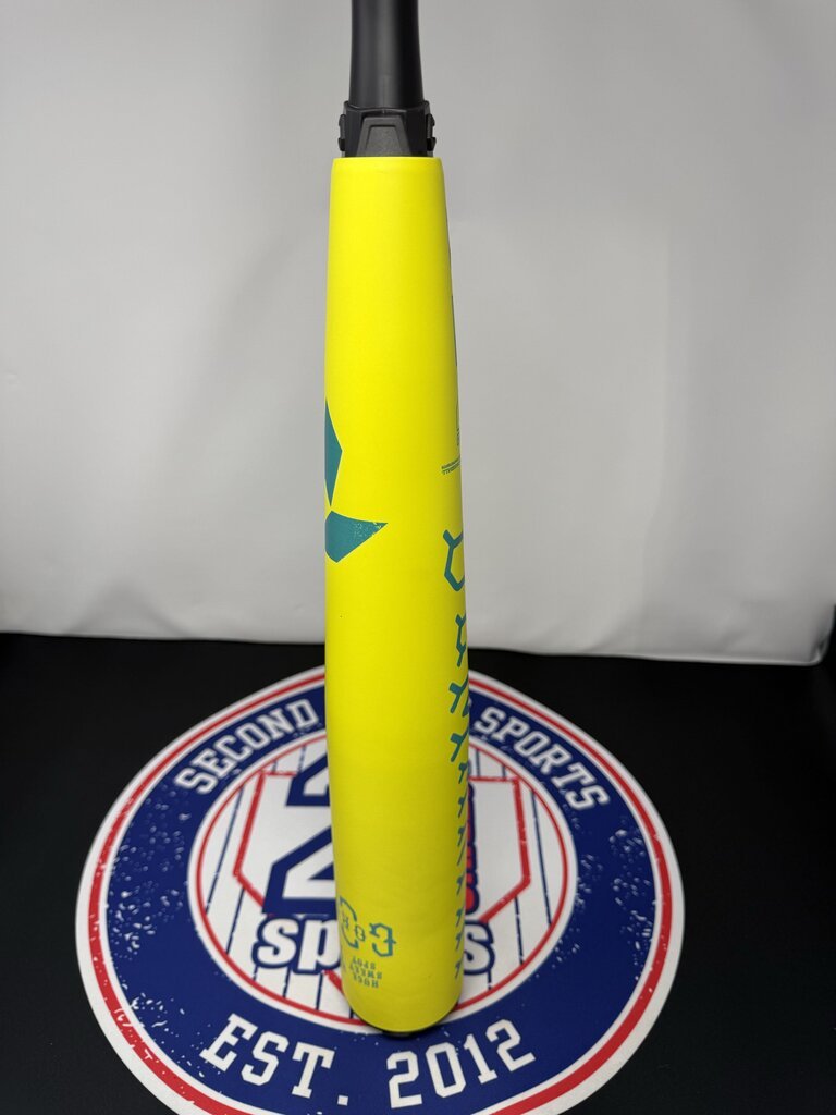 Used yellow baseball bat with teal graphics and black handle