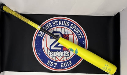 Yellow baseball bat with teal accent on barrel, black grip at one end, angled view