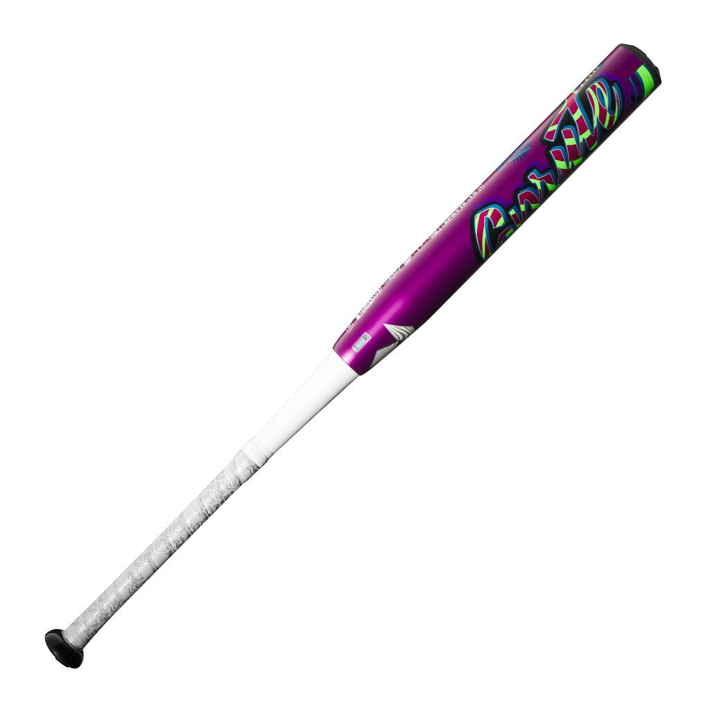 Purple fastpitch softball bat with colorful geometric graphics and white grip