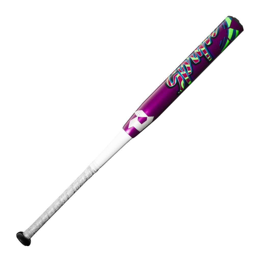 Purple fastpitch softball bat with white grip and colorful graphic barrel