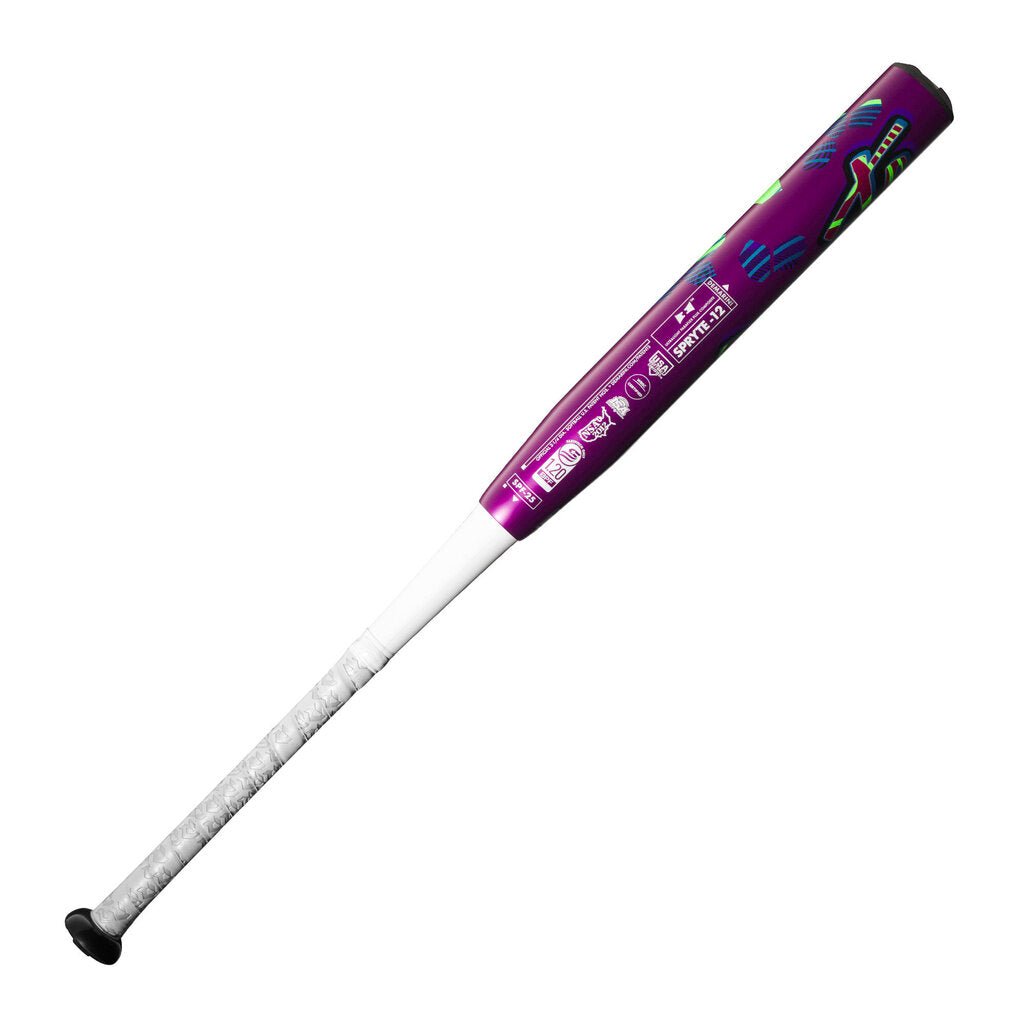 Purple fastpitch softball bat with white grip and detailed purple barrel print