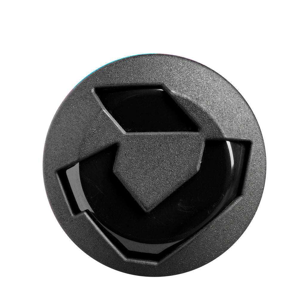 Fastpitch softball bat end cap with black vented geometric pattern