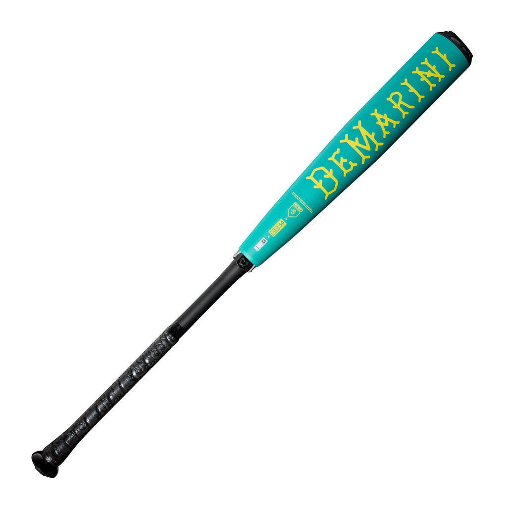 Teal baseball bat with yellow script lettering on barrel and black handle