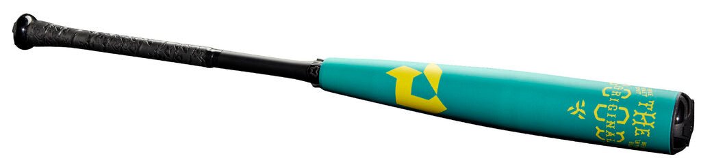 Teal baseball bat with black knob end and yellow graphic on barrel