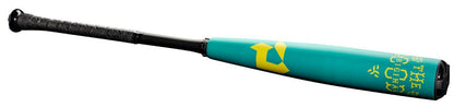 Teal baseball bat with black knob end and yellow graphic on barrel