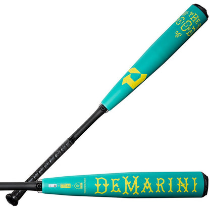 Teal baseball bat with yellow accents, DeMarini logo on barrel and black grip