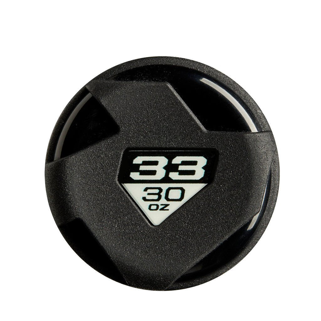 Black barrel end cap with 33 and 30 oz marking on baseball bat