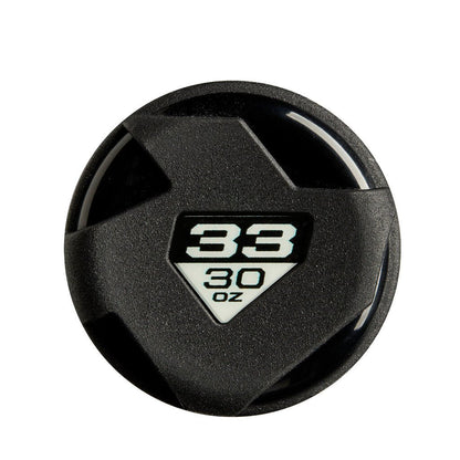 Black barrel end cap with 33 and 30 oz marking on baseball bat