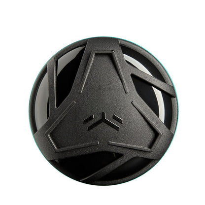 Black handle end with embossed star symbol on teal baseball bat