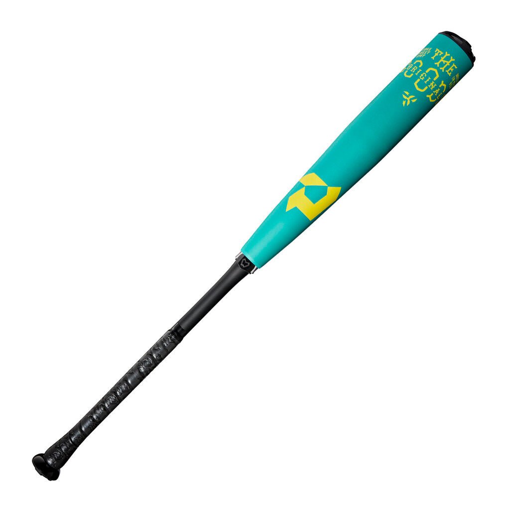 Teal baseball bat with yellow geometric graphics and black handle, barrel end cap
