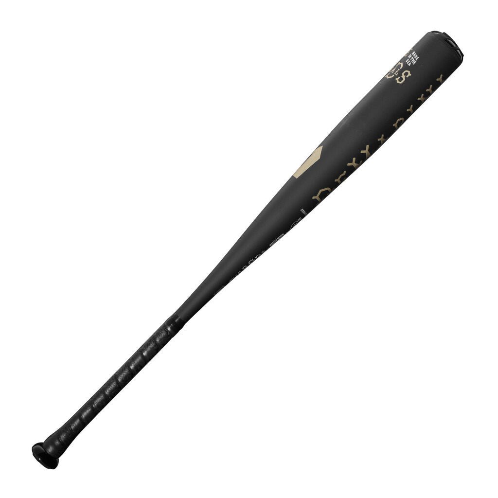 Black baseball bat with gold accents along the barrel and handle