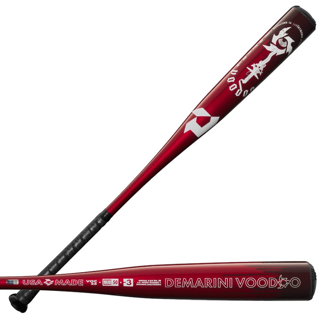 Red-and-white BBCOR baseball bat with black handle and Demarini Voodoo barrel text