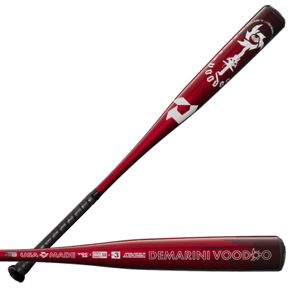 Red-and-white BBCOR baseball bat with black handle and Demarini Voodoo barrel text