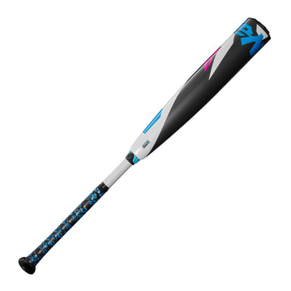 Baseball bat, side view with blue graphics and pink accents on black barrel