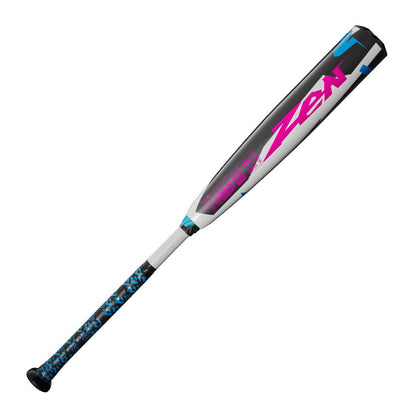 Baseball bat, black barrel with pink Zen logo and blue accents, gray handle