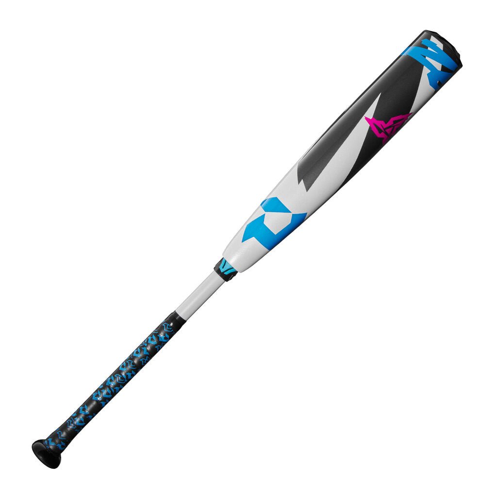 Baseball bat, black barrel with blue geometric accents and pink logo, gray handle