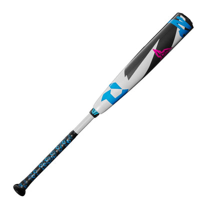 Baseball bat, black barrel with blue geometric accents and pink logo, gray handle