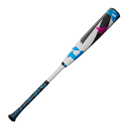 Baseball bat with white handle, blue geometric grip, and black barrel graphics