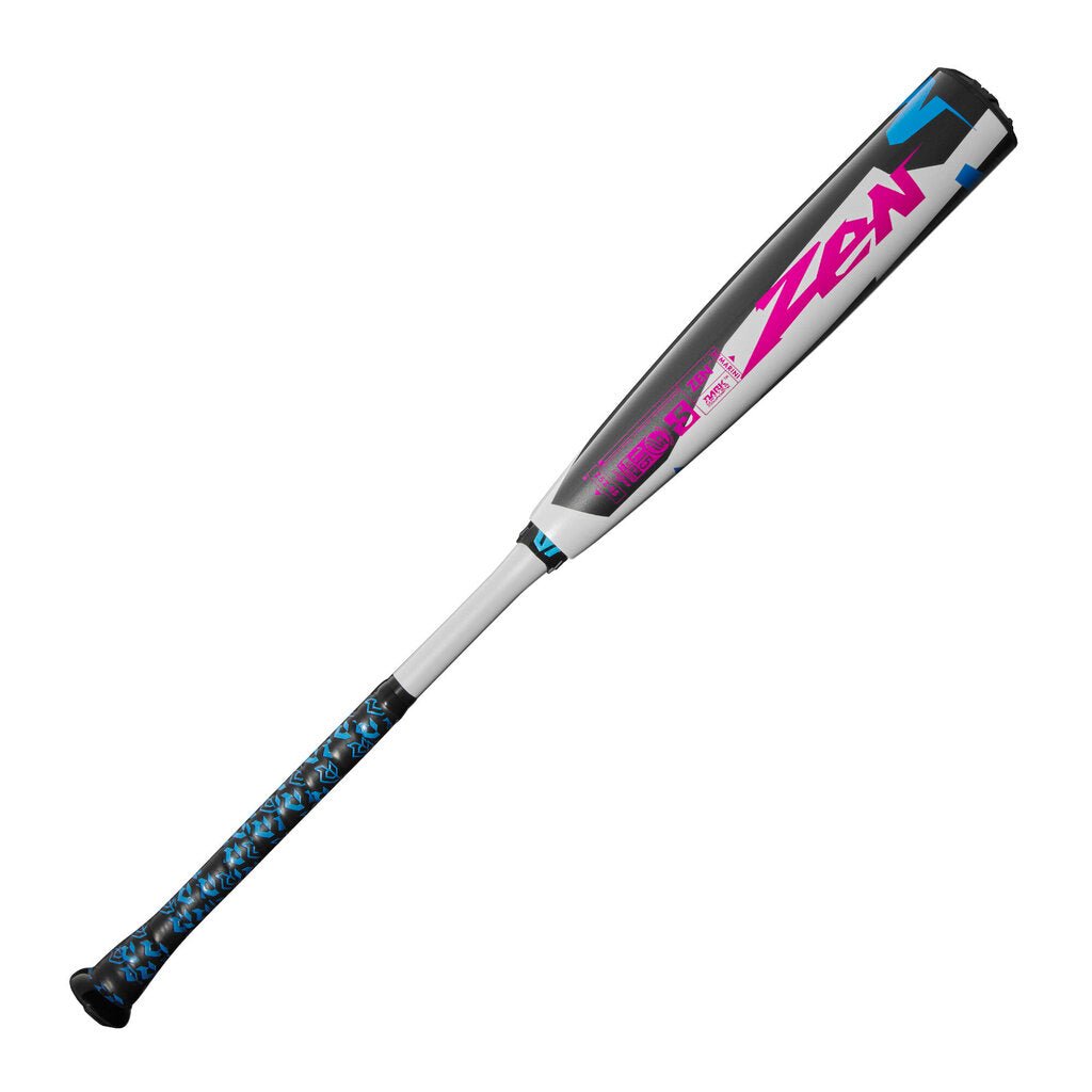 Baseball bat with black barrel, pink Zen logo, and blue accents