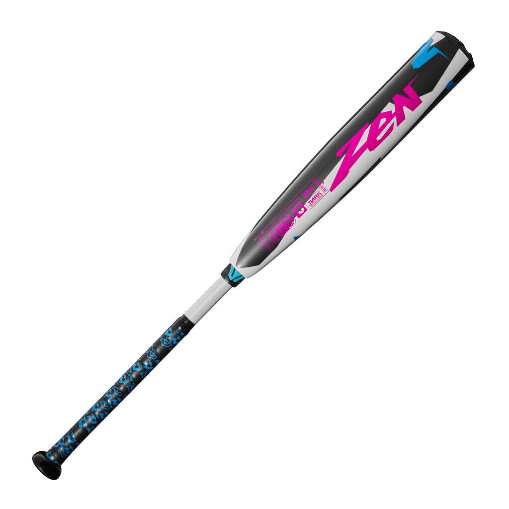 Black baseball bat with pink and blue graphic barrel