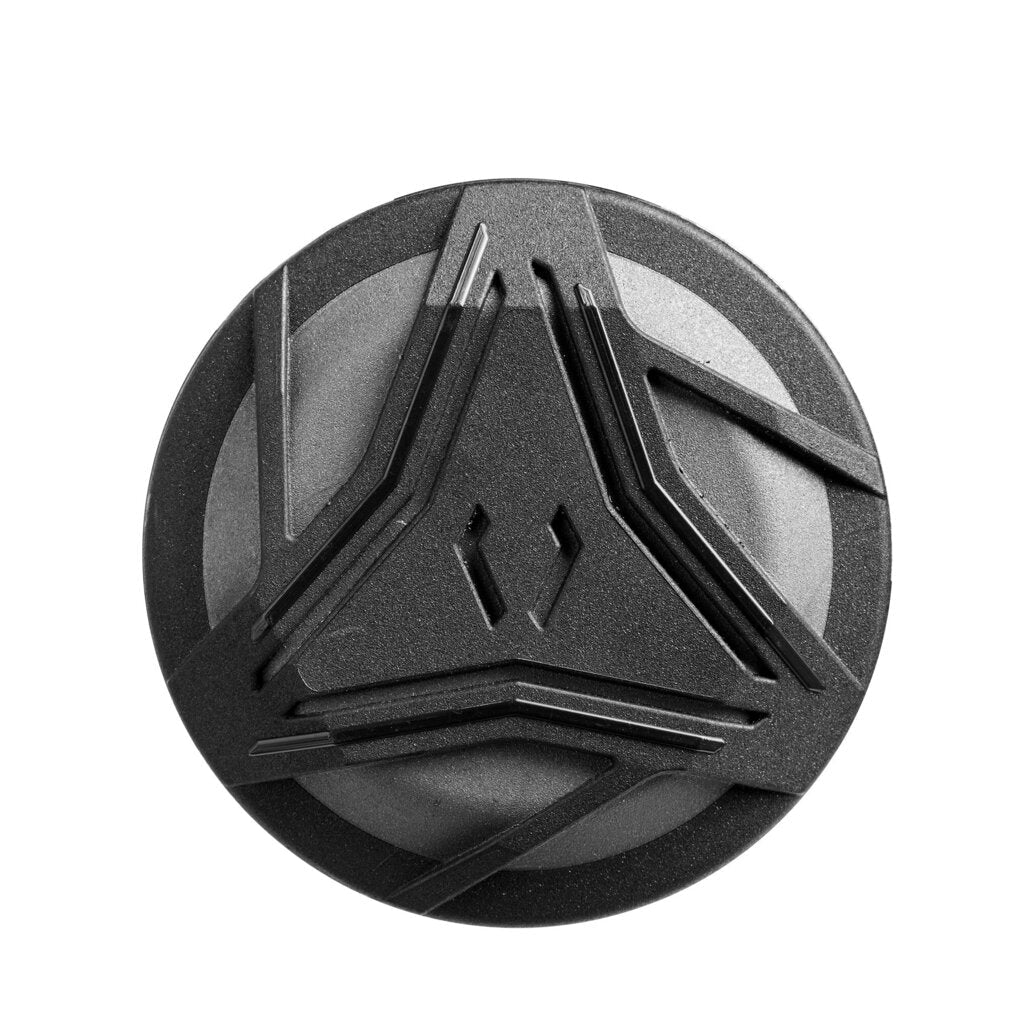 Black baseball bat end cap with raised arrow-style graphic