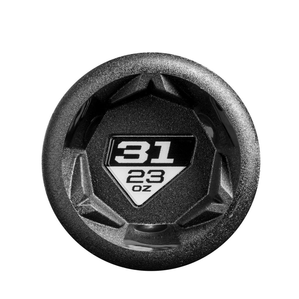 Baseball bat end cap with 31 23 02 marking on black wheel