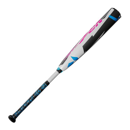 Black baseball bat with white barrel, pink stripe, and blue details