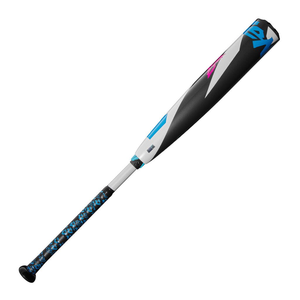 Baseball bat with black barrel, white grip, blue and pink accents, angled view
