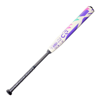 Fastpitch softball bat in purple with white grip and colorful geometric striping