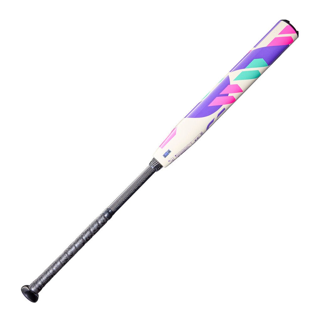 Fastpitch softball bat with purple end cap and white barrel graphics, black grip