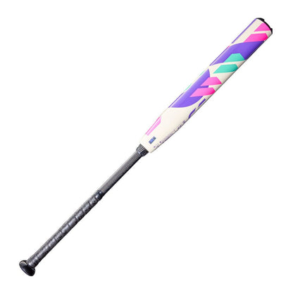 Fastpitch softball bat with purple end cap and white barrel graphics, black grip