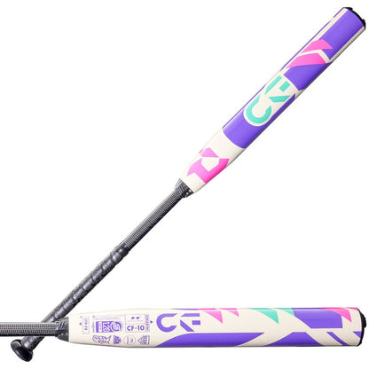 Fastpitch softball bat, purple barrel with geometric designs and black textured grip