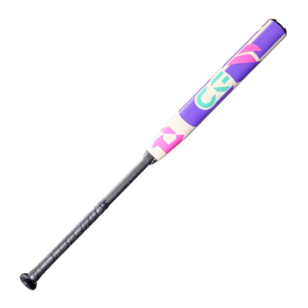 Fastpitch softball bat with purple, white, and pink graphics and textured grip