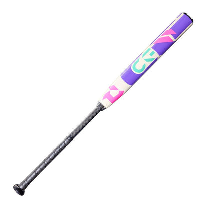 Fastpitch softball bat with purple, white, and pink graphics and textured grip