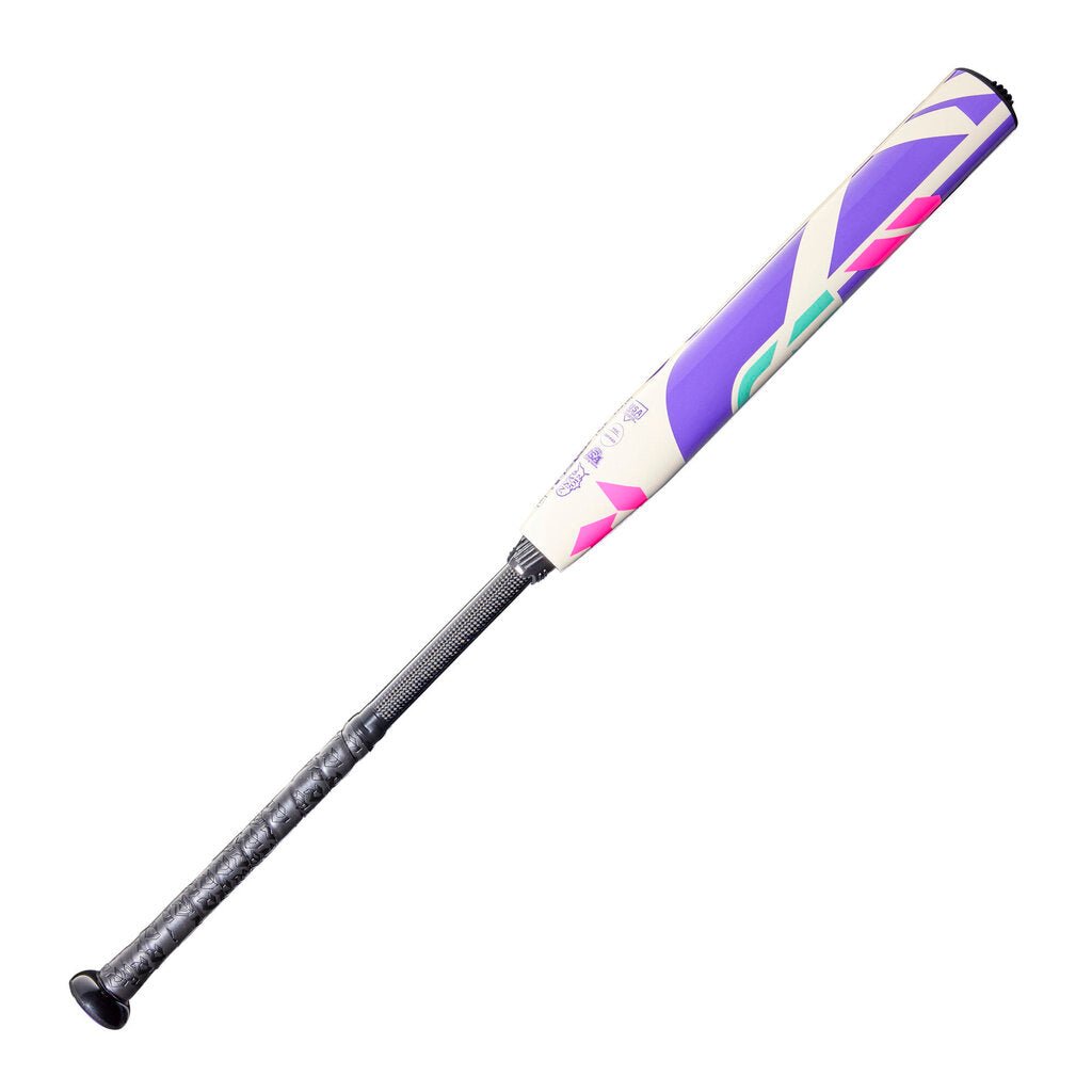 Fastpitch softball bat in purple with white and pink geometric wrap and black knob