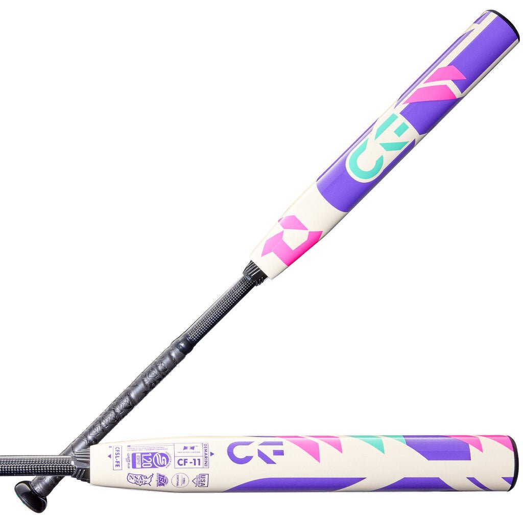 Fastpitch softball bat barrel end with CF-11 marking and purple, pink, white graphics