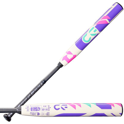 Fastpitch softball bat barrel end with CF-11 marking and purple, pink, white graphics