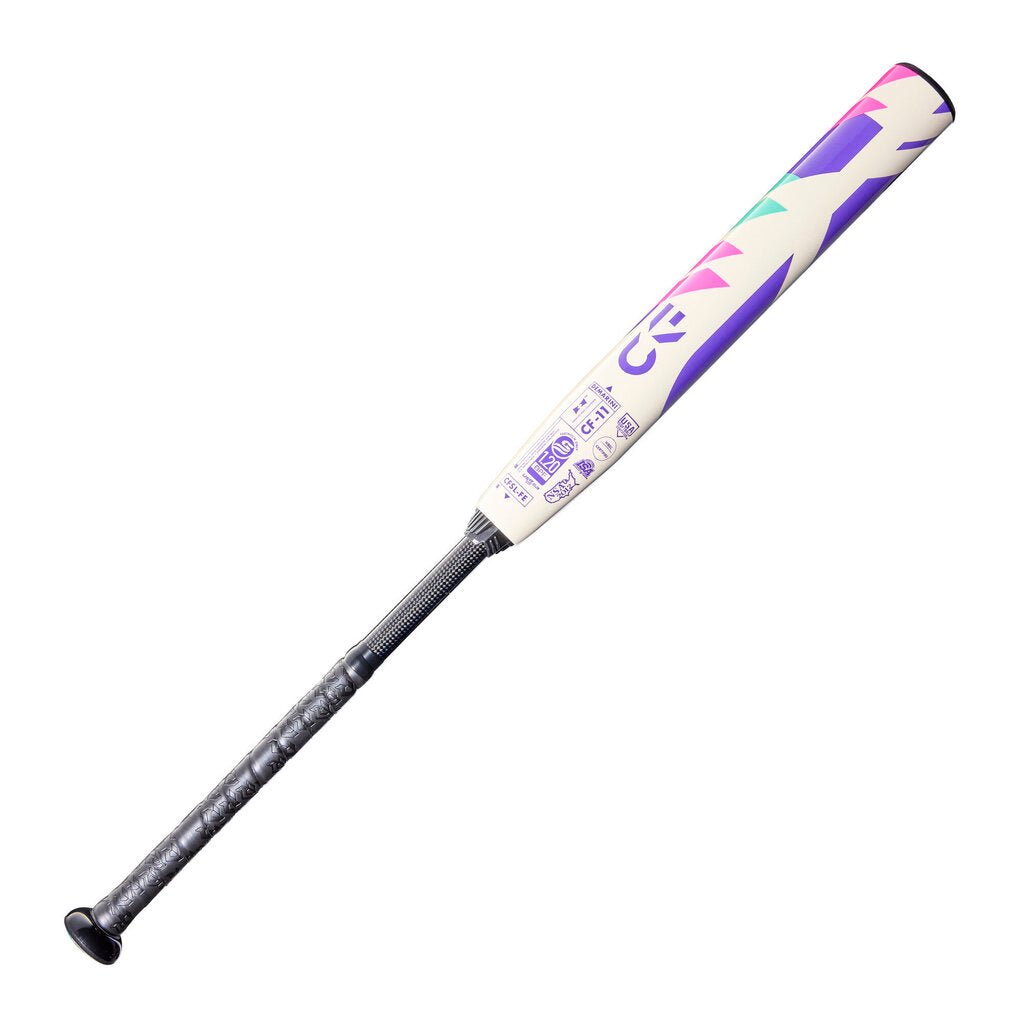 Fastpitch softball bat with purple barrel graphics and white grip with black textured wrap