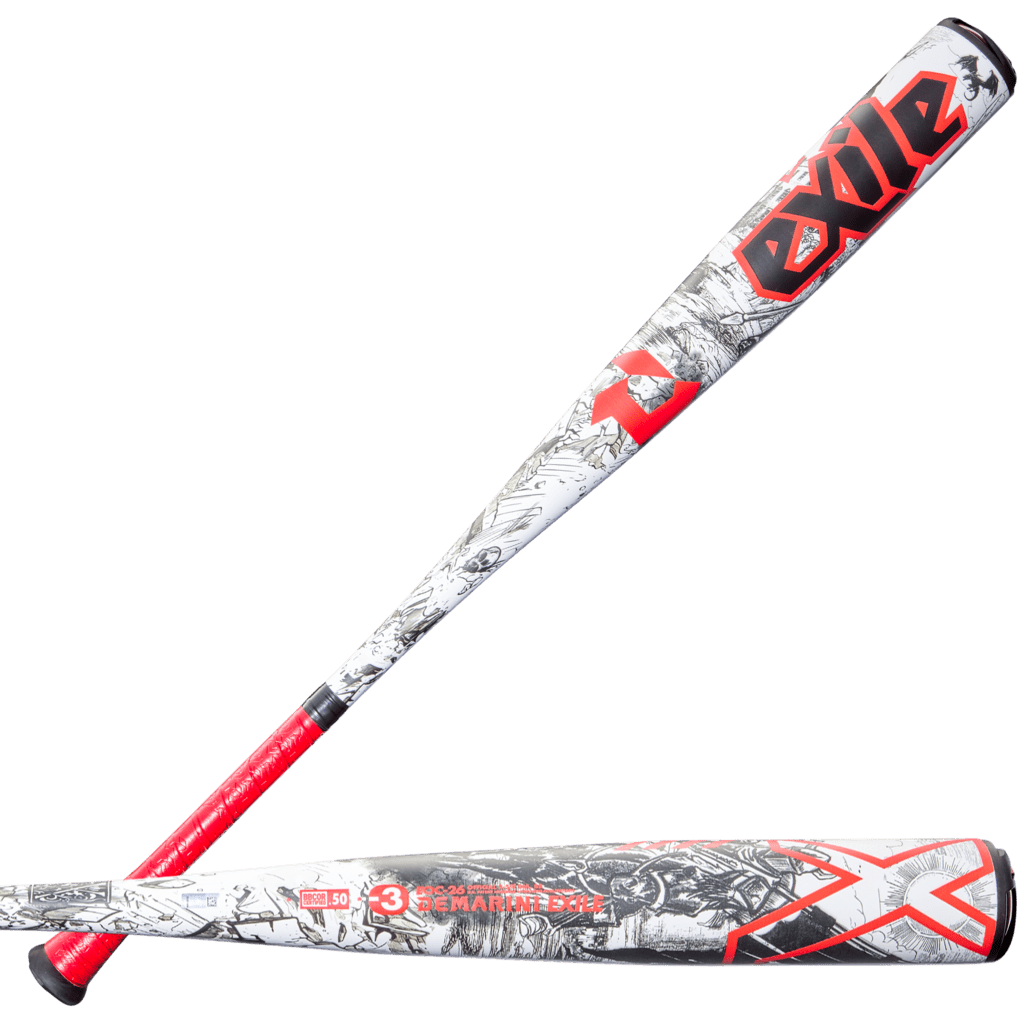 Baseball bat full length with white/black barrel art and red handle, knob end visible