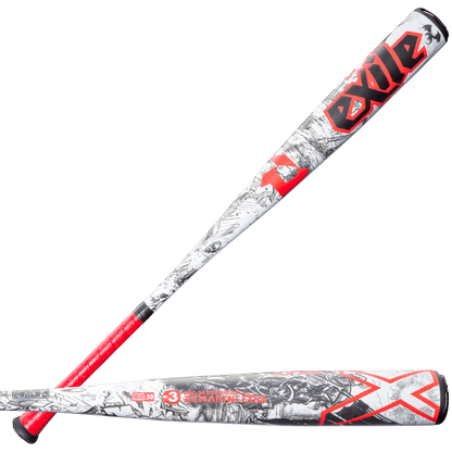 Baseball bat full length with white/black barrel art and red handle, knob end visible