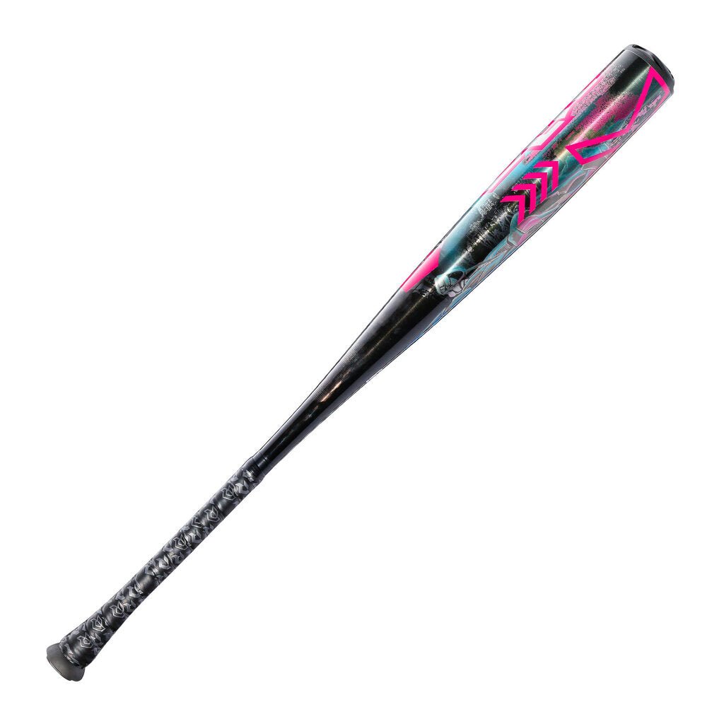 Baseball bat with magenta end graphic and glossy black barrel