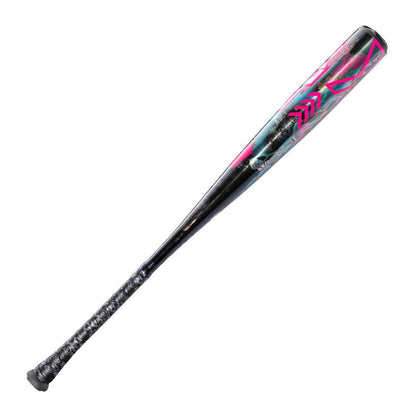 Baseball bat with magenta end graphic and glossy black barrel