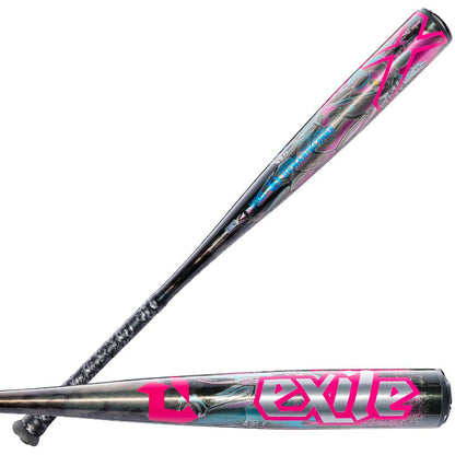 Baseball bat with magenta "Exile" print and textured black grip