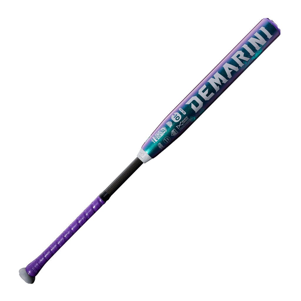Fastpitch softball bat with purple teal finish, black grip and white barrel text